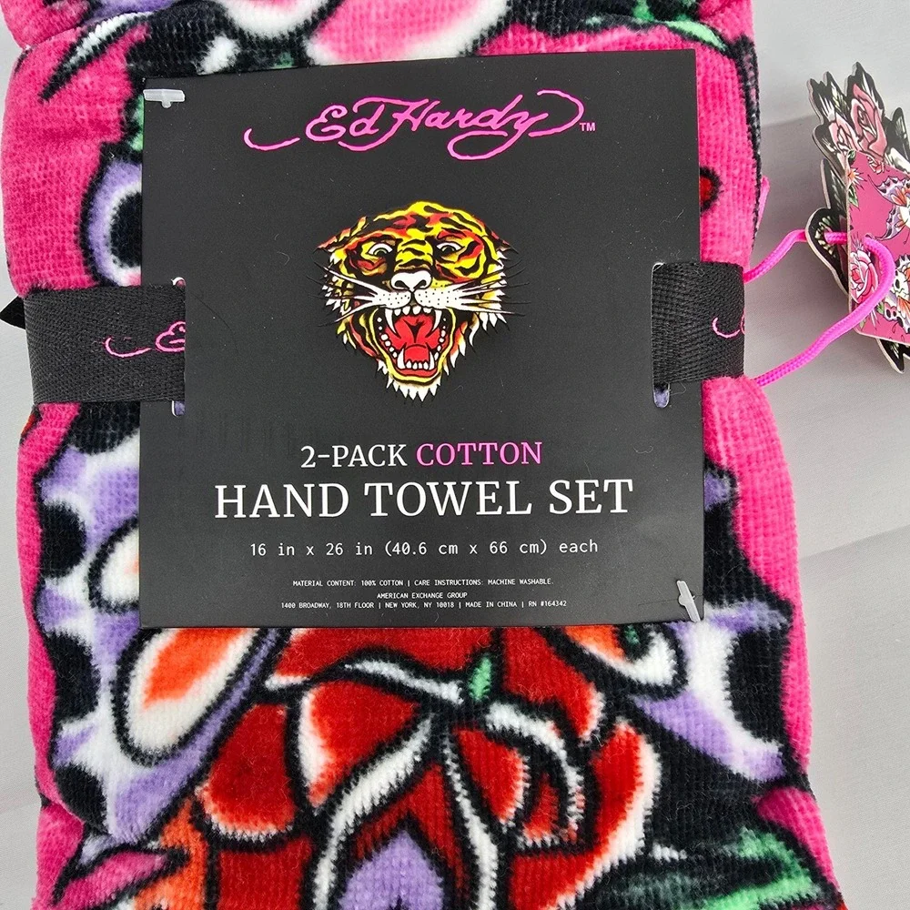 Ed Hardy 2 Pack Cotton Hand Towel Set Pink Tattoo Rose Tiger Print New